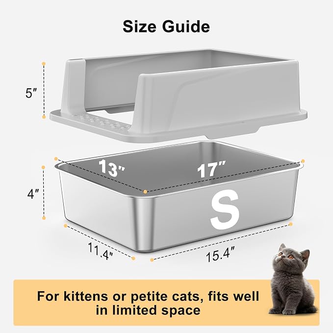 FURTIME Stainless Steel Cat Litter Box, Small Cats Metal Litter Box | High-Sided Open-Top Easy-Clean Litter Pan, Non-Stick, Anti-Leakage, Odor-Free, Comes with Scoop & Mat, 17"×13"×8.4"