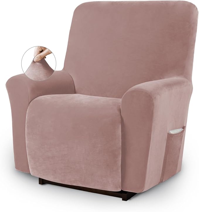 Asnomy Stretch Recliner Chair Covers Slipcover with Pockets 1-Piece（Pink） | Velvet Washable Elastic Luxury Plush Reclining Furniture Protector for Dogs Cats or Lazy Boy Recliner Covers