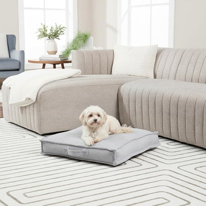 Indoor Dog Bed with Removable Washable Cover, Soft Basketweave Fabric, Reversible Cushion, Carry Handle, Baffle Construction to Help Prevent Fill Shifting, Cement - Small (24"x24")