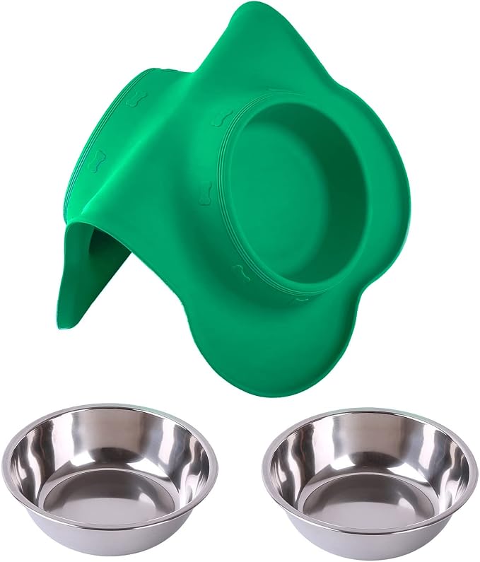 Hubulk Pet Dog Bowls 2 Stainless Steel Dog Bowl with No Spill Non-Skid Silicone Mat + Pet Food Scoop Water and Food Feeder Bowls for Feeding Small Medium Large Dogs Cats Puppies (Medium, Hunter Green)