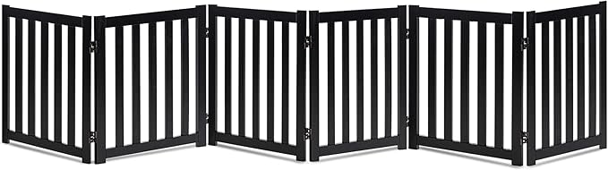 LZRS Wooden Free Standing Dog Gate 120" W x 24" H, Foldable Solid Hardwood Pet Safety Fence for House Doorways, Stairs, Hallways, Step-Over Pet Barrier, No Drill Easy Setup, Black