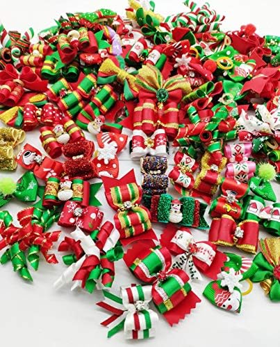 100pcs Dog Puppy Cat Christmas 3D Rhinestone Hair Bows with Rubber Bands Flat Pet Xmas Grooming Accessories by Hixixi