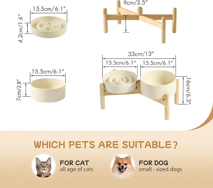 Havniva Elevated Slow Feeder Dog Bowls, Ceramic Dog Bowl Slow Feeder Set | 0.9 Cups Raised Slow Feeding Bowl for Small Breed, 6.1” Dog Water Bowl with Wooden Stand, Puzzle Dog Slow Feeder, Non-slip