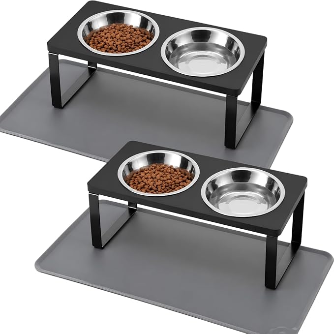 Summark 2Pack Elevated Cat Bowls with Food Mat,15°Tilted Stand Anti Vomiting Raised Cat Dishes for Food and Water,2 Stainless Steel Bowls for Cats and Puppy,Black