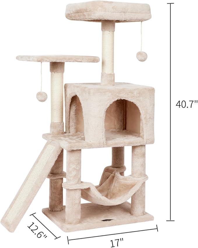 Cut Cat Tree Cat Tower Condo with Hammock Kittens Scratching Post Beige | MIAO PAW Cat Bed For Indoor Modern Activity Tree for small Cat with Board Hanging Ball Play House