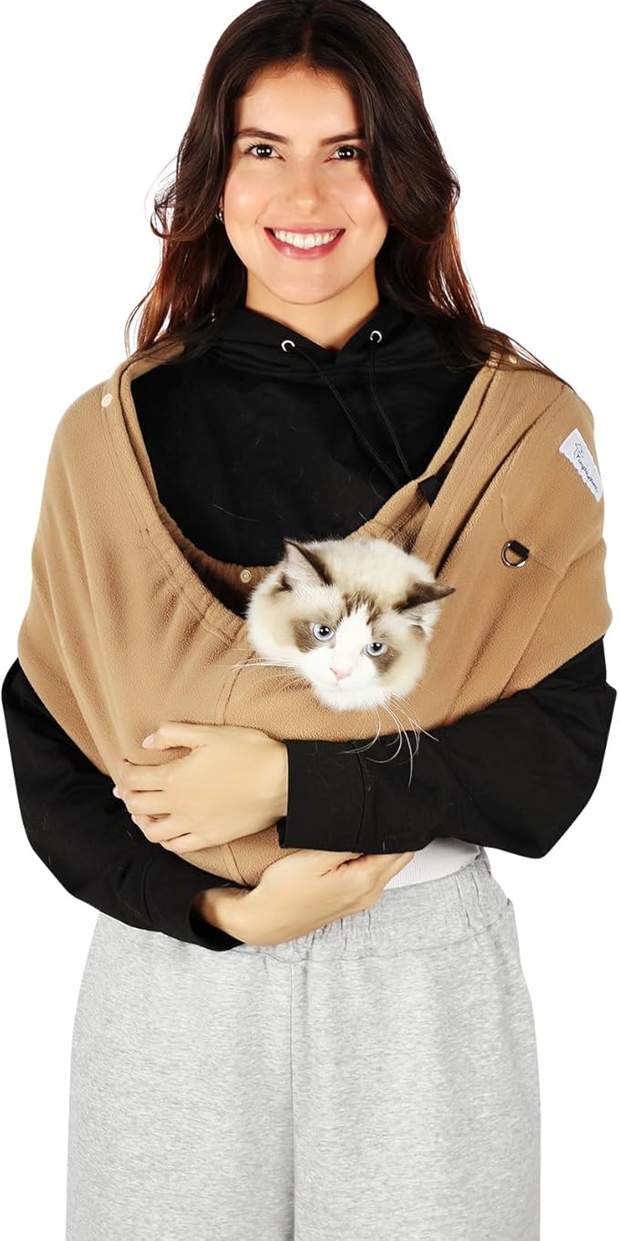 Cat Sling Carrier, Hands-Free Pet Sling for Small Dogs & Cats | Ultra-soft polar fleece, machine washable, fits 3-14 lbs, Perfect for indoor snuggling & outdoor walks, Large, Khaki
