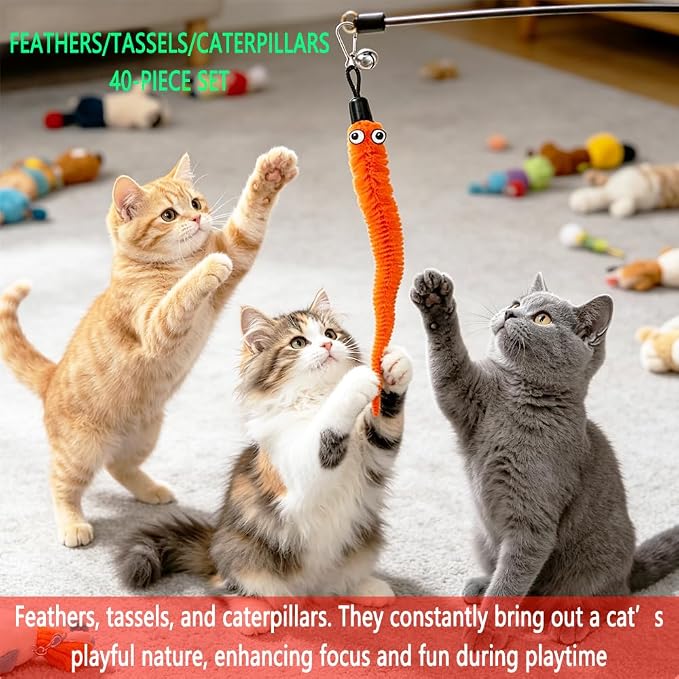 40 Pcs Cat Toys - Cat Wand Toy Replacement Feather Worm | Cat Fishing Pole Toy, Cat Wand Feather Attachment/Cat Toy Wand Caterpillar Attachment/Cat Fishing Pole Toy Tassel Attachment