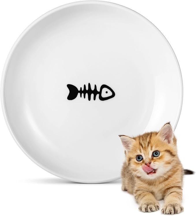 Ceramic Cat Food Plates: Cat Wet Food Bowls/Whisker Fatigue Cat Dishes & Shallow Bowls for Kittens and Small Animals | For wet/dry food; fits kittens, rabbits, hamsters; microwave & dishwasher safe; stable fishbone design
