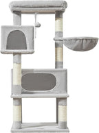Taoqimiao Cat Tree, 49In Cat Tower for Indoor Cats Large Adult | 2 Luxurious Cat Condos, Thick Padded Top Perch, Adjustable Hanging Baskets, 5 Scratching Sisal Posts, Light Gray MS029LW