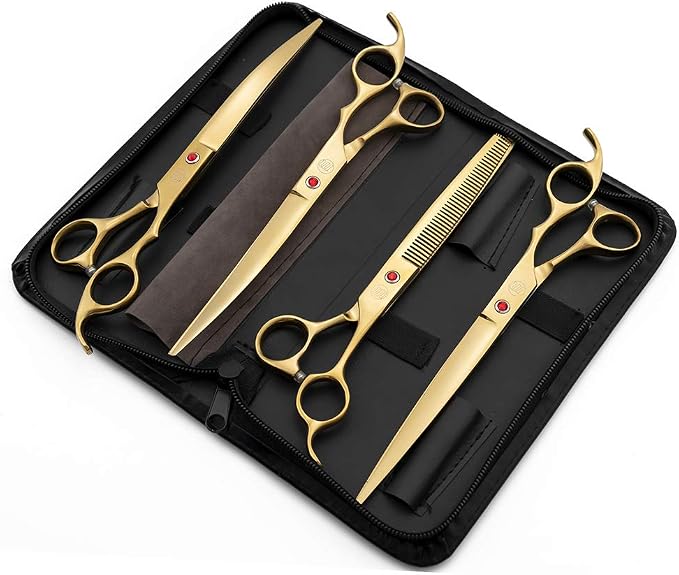 Moontay Professional 8" Dog Grooming Scissors Set 4PCS, Gold | Straight, Upward Curved, Downward Curved, Thinning/Blending Shears for Dog, Cat and Pets, JP Stainless Steel