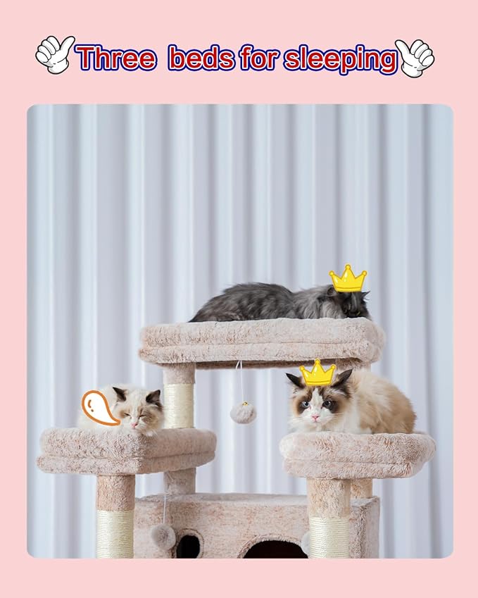 Gitelsnour Cat Tree, 74" Tower for Large Cats, Big Condo Hammock CCT030MU | Heavy duty, 3 Big Platforms, 2 Baskets, 2 Condos, Multi-Level Cat Scratching Posts, Indoor Cats Large Adult, Mushroom