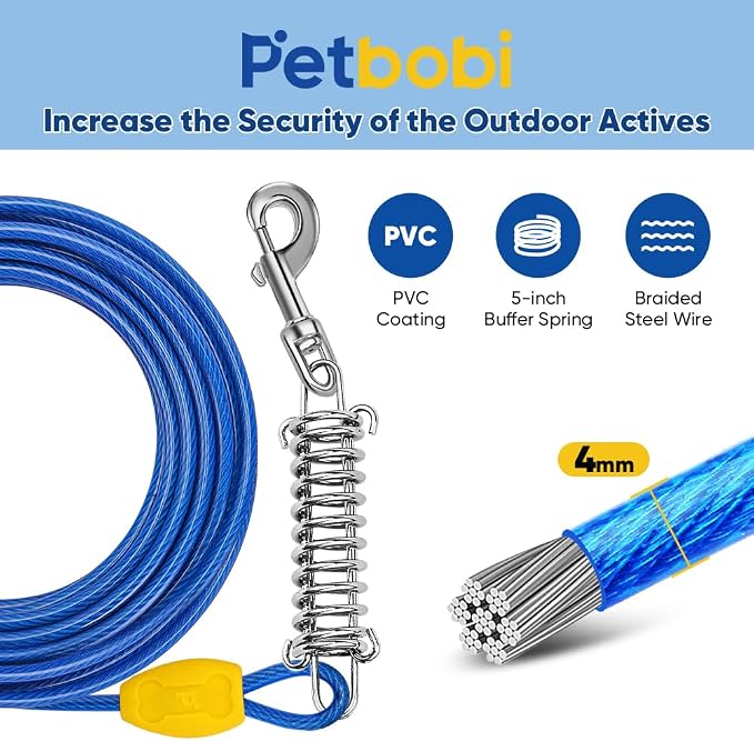 Petbobi Dog Tie Out Cable and Stake, 50ft Heavy Duty Dog Leads for Yard | 4in Shock Spring, 16in Spiral Ground Anchor, 360° No-Tangle Swivel, Chew-Proof Rustproof Wire, Up to 120 lbs, Outdoor Camping
