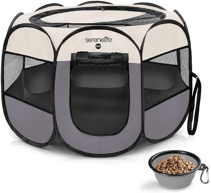 SereneLife On-The-Go Foldable Portable Pet Tent 8-Panel Playpen for Dog & Cat w/Food/Water Bowl, Mesh Exercise Puppy Playground, Pet House Indoor & Outdoor, Travel & Camping Pet Kennell (Grey- Large)