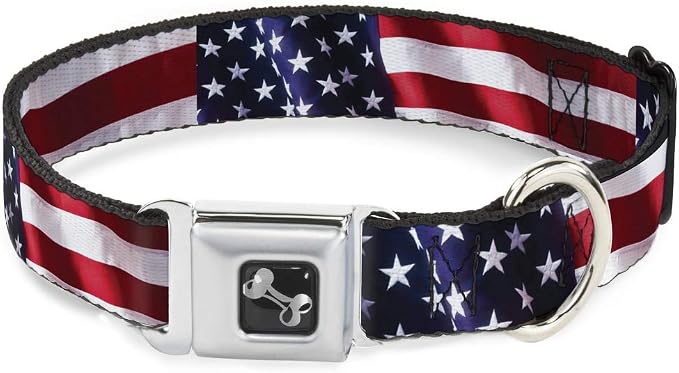Dog Collar Seatbelt Buckle, American Flag Vivid Close Up, 16 to 23 Inches | 1.5 Inch Wide, Fade Resistant High Density Printed Nylon Pet Collar, Stainless Steel Metal Clasp, Handcrafted in USA