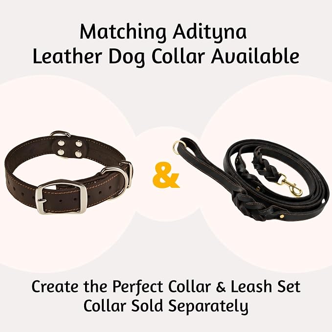 ADITYNA 6ft Leather Dog Leash with Traffic Handle for Extra-Large Dogs | Heavy-duty braided leather leash, 1" width x 6ft, Double handle for extra control, ideal for training & busy sidewalks.