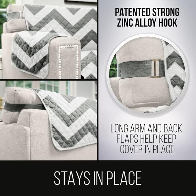 Sofa Shield® Couch Slip Covers for Dogs, Reversible Furniture Protector with Strap, Stain and Tear Resistant Cushion Cover, 88 inch Seat, Machine Washable Slipcover Pets, Cats, Chevron Gray