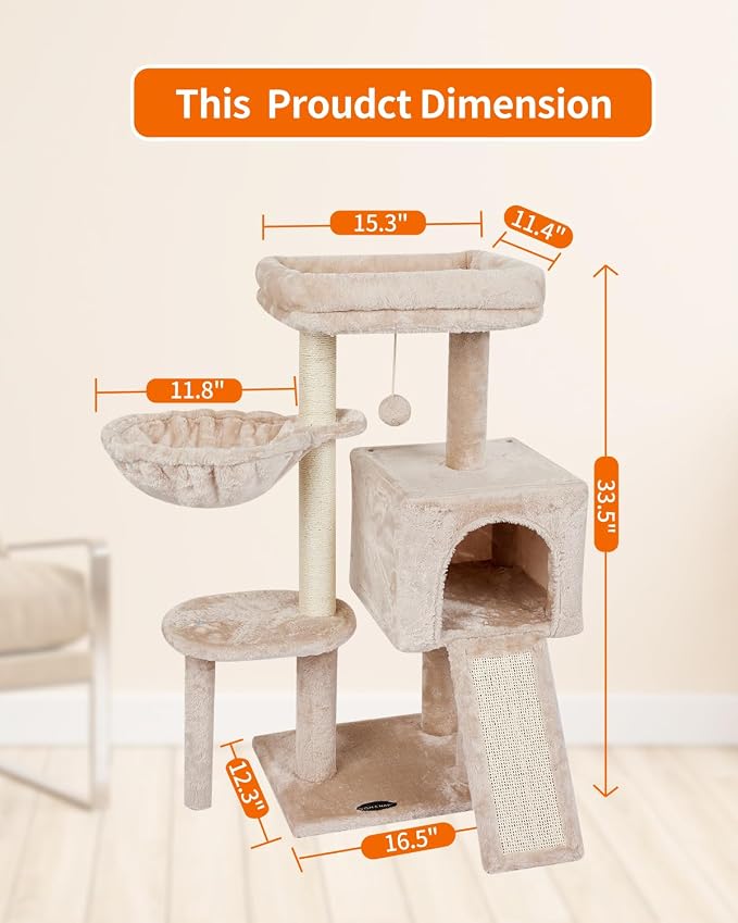 Cute Cat Tree Kitten Cat Tower Condo Furniture Scratching Posts Hammock B | FISH&NAP For Indoor with Jump Platform Activity Center Beige