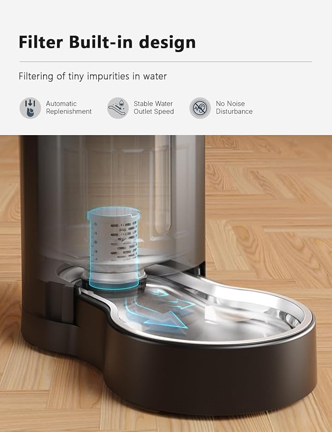 CZPET Automatic 5L Filter Dog and Cat Water Dispenser (Black) | Gravity Waterer with Stainless Steel Bowl, Large Capacity and Drinking Area Noise-Free for Pets