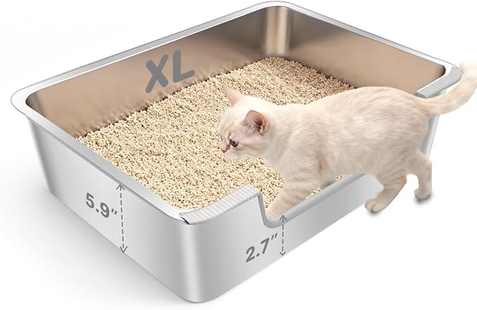 Low Entry Litter Box for Senior or Disabled & Injured Cats, Stainless Steel High Sided Enclosed Easy Step in Entry-Large Metal Kitty Litter Box for Kittens, Odor Control (23.6”x15.7”x5.9”)