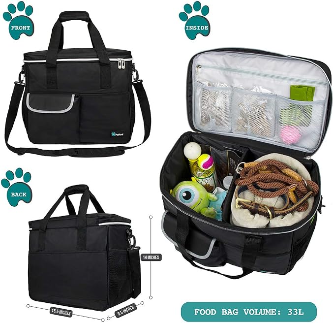 PetAmi Dog Travel Bag Organizer, Pet Travel Kit with 2 Food Containers & 2 Collapsible Dog Bowls, Pet Supplies Tote with Luggage Sleeve, Weekend Road Trip Camping Essentials, Black, Large
