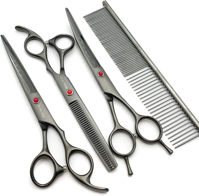 7.0in Professional Pet Grooming Scissors Set,Straight & Thinning & Curved Scissors 3pcs Set with Comb for Dog Grooming,A419 (Black-Grey)