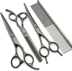 7.0in Professional Pet Grooming Scissors Set,Straight & Thinning & Curved Scissors 3pcs Set with Comb for Dog Grooming,A419 (Black-Grey)