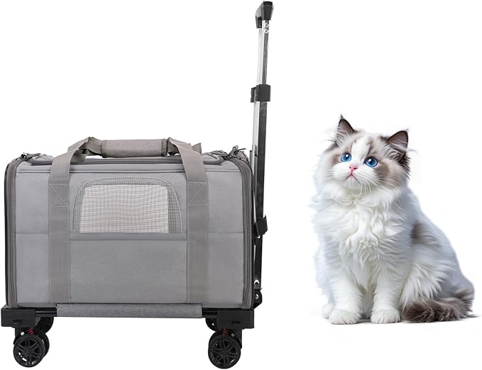 Pet Carrier with Wheels - Soft-side Wheeled Cat Carrier for Dogs with Telescopic Handle, Collapsible Rolling Pet Travel Bag Carrier for Large Cats Small Medium Dogs for Camping Vet Visiting Light Grey