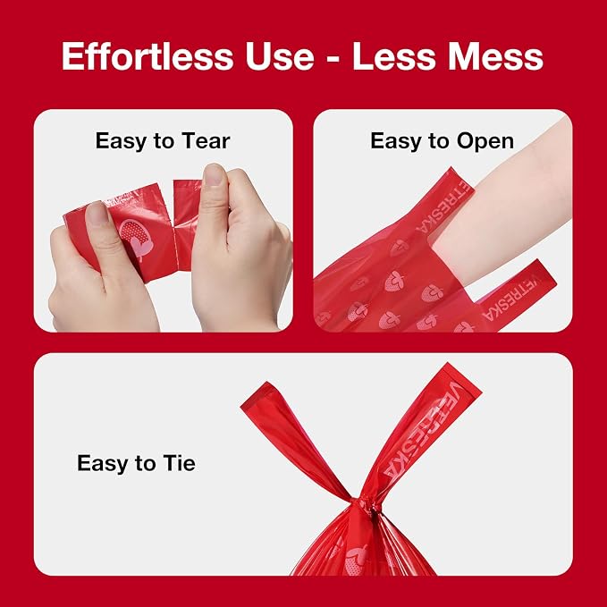VETRESKA Dog Poop Bags with Handle 120 Count, Strawberry Scented Waste Bag | Leak-Proof Thick Dog Bags for Poop, Easy-Tie Large Poop Bags, 8 Refill Rolls for Dog Walking Cat Litter