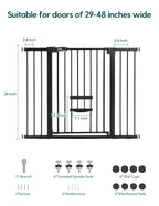Babelio 36" Tall Baby Gate with Cat Door, CatPrivilege II, 29-48" | Extra Wide Auto-Close Pet Door for Stairs, Doorways & House, 6-Level Adjustable, Wall Cups Included, Black