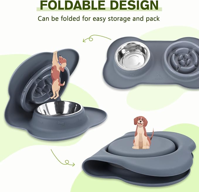 Pecute Slow Feeder Dog Bowls to Slow Down Eating, Dog Slow Feeder Bowl | No-Spill Non-Skid Silicone Mat, Food-Grade Safe Dog Food Bowls Slow Feeder, Stainless Steel Dog Water Bowl for Dogs Cats