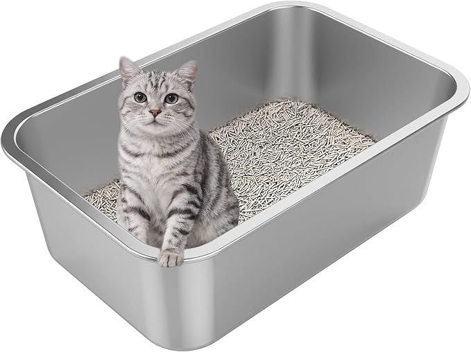 XX-Large High Sided Stainless Steel Cat Litter Box | Sturdy Metal, Odor-free, Cat Litter Non-stick and Easy to Clean, Ideal for Indoor Cats, Kittens and Multicat Houses