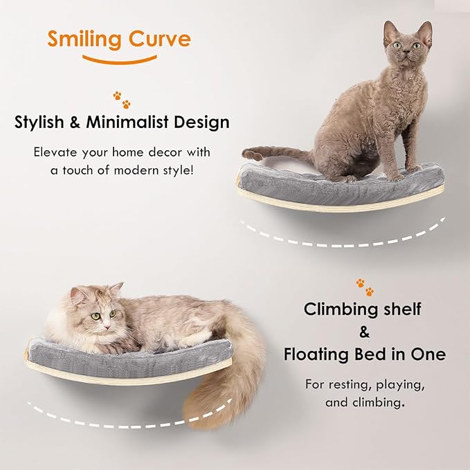Curved Cat Shelves and Perches, Floating Cat Wall Bed with Comfortable Cushion