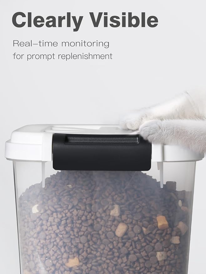 6 lb Airtight Dog Food Storage Container with Scoop, White | Airtight snap-lock lid, clear BPA-free body, and measuring cup keep dry dog or cat food, treats, cereal, and grain organized.