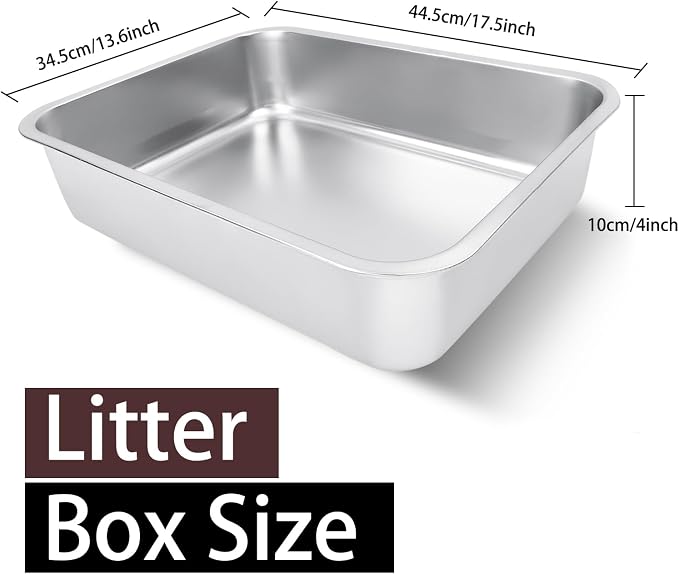 Small Stainless Steel Litter Box, 17.5"×13.6"×4" | Metal Litter Box, Low Side Easy Entry, Rust-Proof, Non Stick, No Smell Easy to Clean for Kittens, Elderly Cats, Rabbits