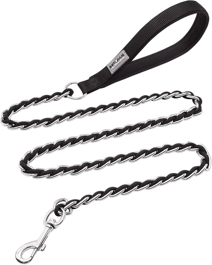 S-ETOVUS-Chain Dog Leash, Bite-Proof Metal Leash, with Padded Handle，Black | Three Sizes 7.25FT/5.2FT/4FT, Woven From Nylon Rope And Chain, Durable And Bite-Resistant, Comfortable With Padded Handles