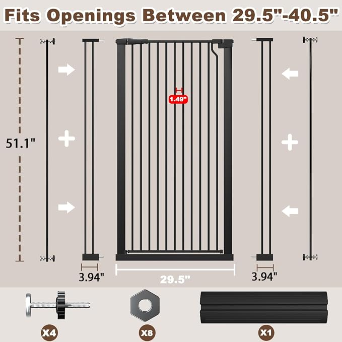 Fairy Baby 51.1" Extra Tall Pet Gate for Doorway 29.5"-40.5" Wide Dog Gate | Dog Barrier Indoor for Cat Doggie Puppy, No Jumping Over & No Climb Cat Gate, Auto-Close Metal Child Safety Proof Gate, Black