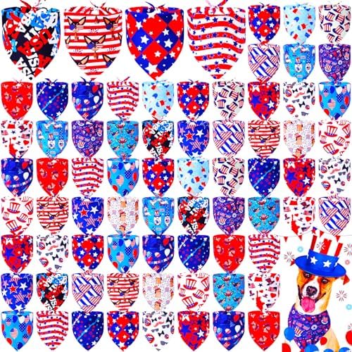 100 Pcs Dog Bandanas Bulk 4th July Patriotic Triangle Bibs M by Locmeo