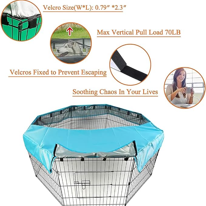 PJYuCien Playpen Top Cover for 24'' Width 8 Panel Pen, Blue | More Peace of Mind, More Safe, and Reduce Mess, Suitable for Puppy, Duck, and Other Small Animals,Adhesive Tape Connect
