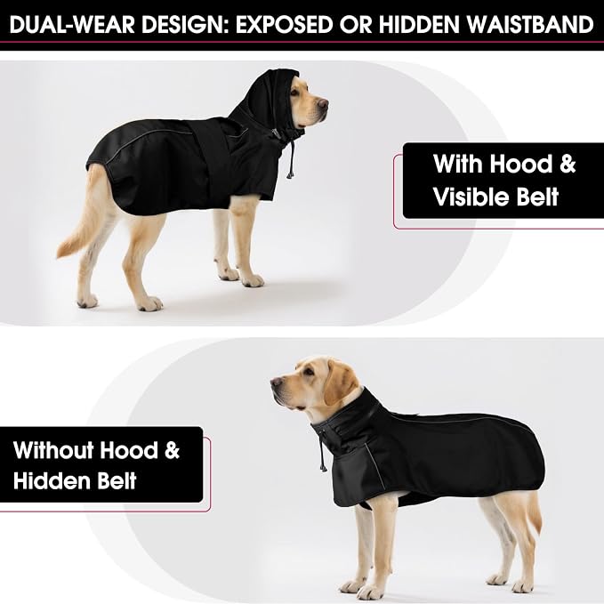 Dog Raincoat, Waterproof Dog Rain Jacket with Hood Black 3XL | Rain Coat For Large Dogs, Doggy Poncho With Leash Hole, Reflective Strips, For Rainy Snowy Weather Walks, Hiking, Camping