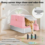 SZEE Stainless Steel Cat Litter Box with 180°Flip-Top Lid, Easy Clean XL Enclosed Litter Box, Large Covered Steel Cat Box with Scoop, Odor Control and Anti-Urine Leakage, 23.2 * 15 * 15 Inch, Pink