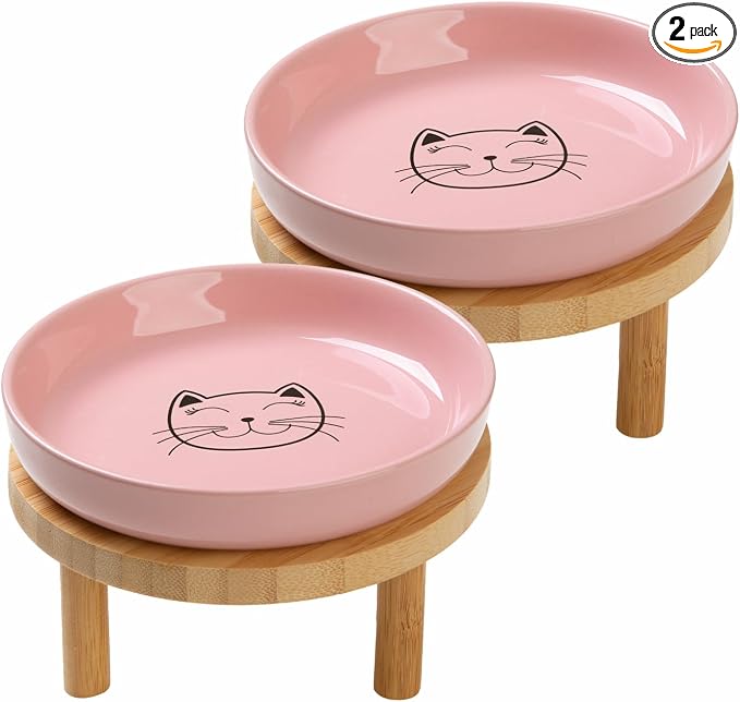 Lusifaco Shallow Wide Elevated Cat Bowls Whisker Fatigue(Pink,Set of 2) | 5.9 Inch 2 Height Raised Ceramic Cat Dishes with Bamboo Stand, Flat Pet Water Food Plates Feeding Station for Indoor Kitten