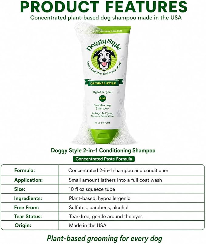Doggy Style 2-in-1 Dog Shampoo & Conditioner, 60% Less Water, 4X More Product per Bottle, Tear-Free, Concentrated Paste Formula, Plant-Based, Hypoallergenic, Sulfate-Free, for All Breeds and Dogs