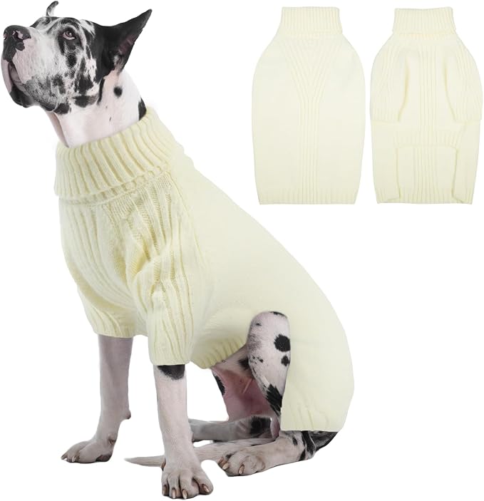 IECOii Great Dane Sweater,5XL Extra Large Sweater for Giant Breed Dogs in Winter,Turtleneck Cold Weather Knit Clothes,Machine Washable,Elastic Pullover for Saint Bernard,Mastiff (White,XXXXXL)