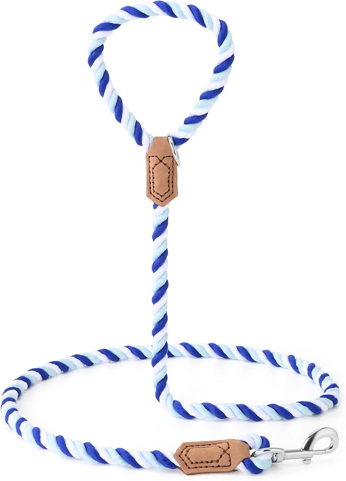 Mile High Life Rainbow Dog Leash Braided Cotton Rope w Leather-Wrapped Ends | Rust-proof 360° swivel clasp, Heavy-duty for medium/large breeds. Great for weddings, daily walks (4FT, 1/2", Blue Gradient)