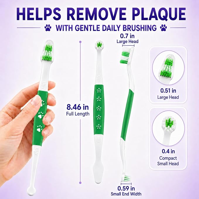 Dog Toothbrush, Dual-Head, for Medium-Large Dogs, Green | Soft Bristles for Gentle Cleaning, 60° Curved Bristles for Better Coverage, Comfortable for Sensitive Gums