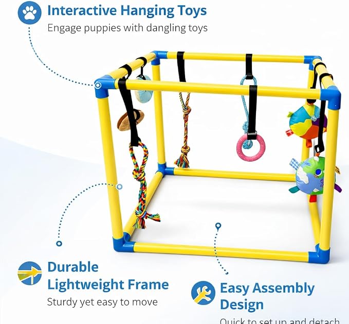 Puppy Play Gym with Five Hanging Toys and Lightweight PVC Frame | Five detachable hanging toys engage your puppy to keep them entertained and active indoors.