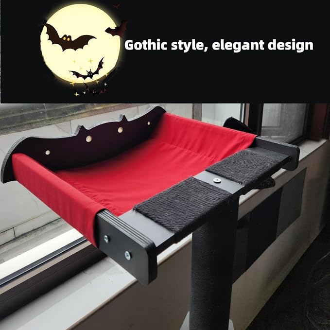 Cat Window Perch with Scratching Post Strong Supported - Large Hammock Bed for Cats Inside - Solid Wood Seat, Soft Cushion - Rustic Indoor Cat Tree Shelf for Sunbathing (Black, Large 2)