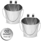 2 Quart Stainless Steel Flat Sided Bucket with Dual Hooks | 2 Pcs Durable Food & Water Bowl for Dog Cats Bird & Small Animals | Fits kennel Cage Crates Hanging Pet Pail | Multipurpose use