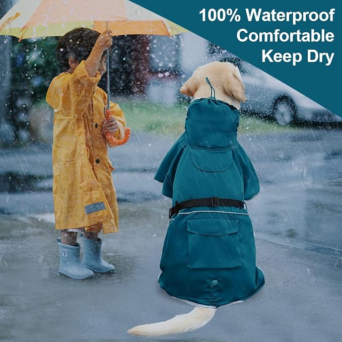 Reflective Dog Raincoat Waterproof Adjustable Hooded Poncho for Medium Large Dogs, Lightweight Pet Rain Jacket, Blue, XL