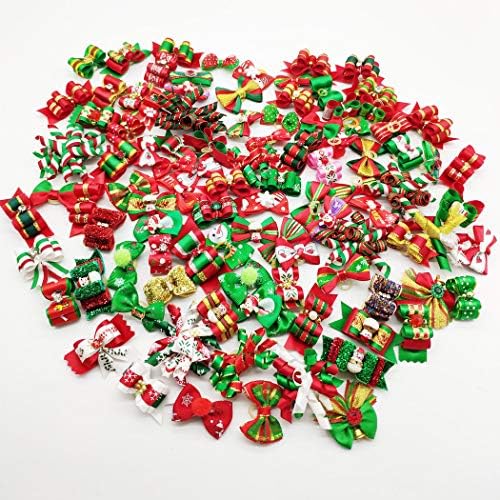 100pcs Dog Puppy Cat Christmas 3D Rhinestone Hair Bows with Rubber Bands Flat Pet Xmas Grooming Accessories - Image 2